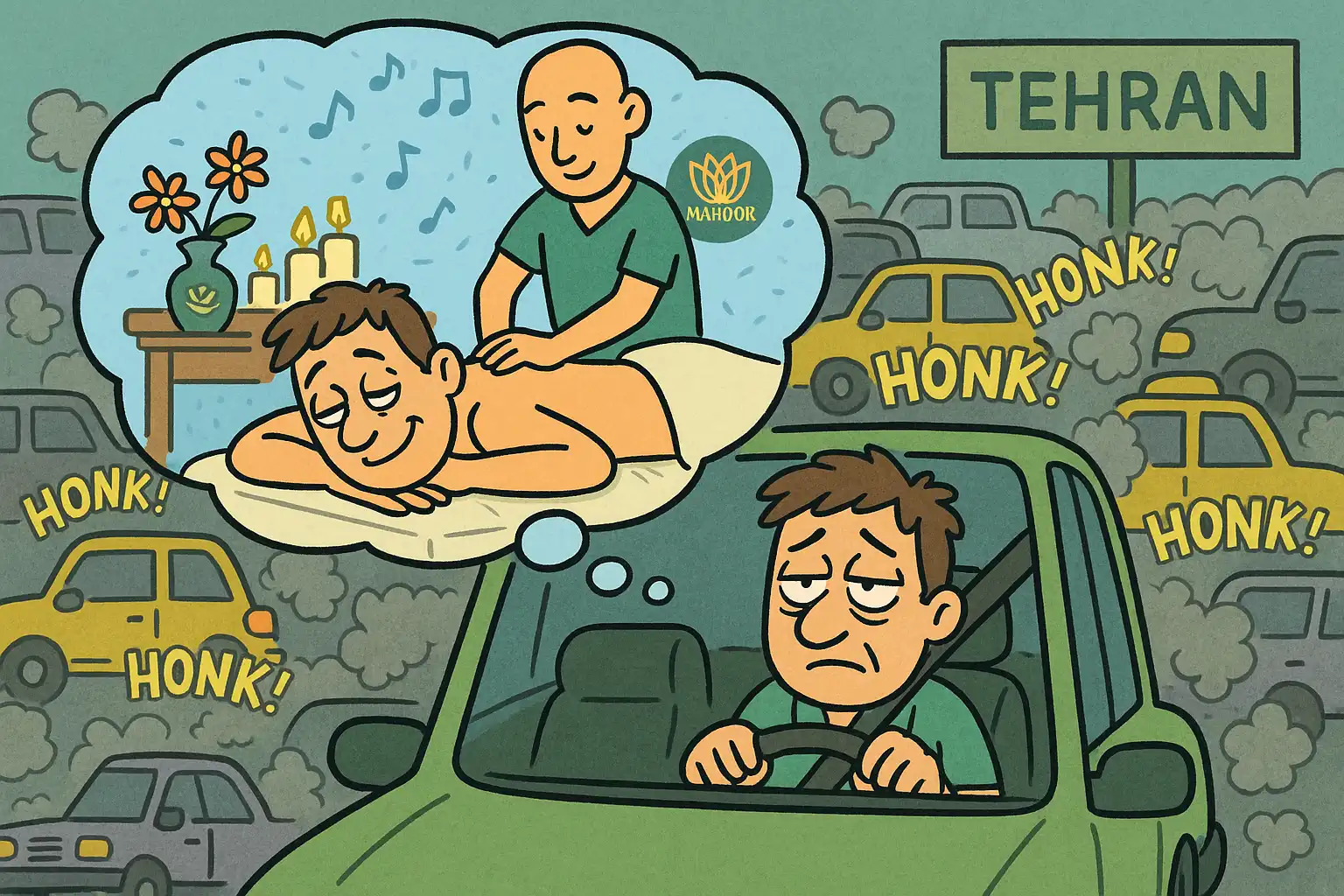 ایدههای تصاویر کارتونی و طنز برای مقاله: مردی خسته در ترافیک تهران با رویای ماساژ توضیح: یک کارتون طنز از یک مرد خسته که در ترافیک سنگین تهران پشت فرمان گیر کرده است. در حباب رویای بالای سرش، خودش را روی تخت ماساژ در مرکز ماساژ ماهور میبیند، با لبخندی بزرگ و آرامش کامل در حالی که ماسور حرفهای در حال ماساژ اوست. جزئیات طنز: در پسزمینه ترافیک، ماشینها بوق میزنند و دود اگزوز همهجا را پر کرده، اما در حباب رویا، فضای ماهور با گلها، شمع، و موسیقی آرامشبخش تزئین شده است. کاربرد در مقاله: این تصویر میتواند در بخش «چرا ماساژ ریلکسی در تهران اینقدر محبوب است؟» استفاده شود تا تضاد بین استرس شهری و آرامش ماساژ را نشان دهد. پیشنهاد کپشن: «از ترافیک تهران تا آرامش ماهور، فقط یک ماساژ فاصله است!» لینک پیشنهادی: در کنار تصویر، لینک به mahoorspa.ir اضافه شود. گربهای که ماساژ میگیرد توضیح: یک گربه کارتونی با چشمان بسته و لبخند رضایت، روی تخت ماساژ دراز کشیده و ماسور (با لوگوی ماهور روی یونیفرم) در حال ماساژ دادن اوست. گربه در حال خرخر کردن است و حباب فکریاش پر از قلب و ستاره است. جزئیات طنز: گربه یک لیوان دمنوش گیاهی در دست دارد و یک حوله کوچک روی سرش قرار گرفته، مثل یک مشتری واقعی در اسپا! کاربرد در مقاله: این تصویر برای بخش «آیا بعد از ماساژ به آرامش روحی میرسم؟» مناسب است و حس آرامش و لذت ماساژ را بهصورت طنزآمیز منتقل میکند. پیشنهاد کپشن: «حتی گربهها در ماهور به آرامش میرسن، شما چطور؟» لینک پیشنهادی: لینک واتساپ (0903180888) برای رزرو وقت. ماساژ اشتباه و خندهدار توضیح: یک کارتون طنز از یک مشتری که انتظار ماساژ ریلکسی دارد، اما بهاشتباه یک ماساژ ورزشی سنگین دریافت میکند! مشتری با چشمان گرد شده و حالت شوک روی تخت ماساژ است، در حالی که ماسور با قدرت در حال فشار دادن شانههای اوست. جزئیات طنز: در پسزمینه، تابلویی از مرکز ماساژ ماهور با شعار «ما ماساژ مناسب شما رو پیدا میکنیم!» دیده میشود. مشتری یک حباب فکری دارد که در آن نوشته: «فکر کنم گفتم ریلکسی!» کاربرد در مقاله: این تصویر برای بخش «اگر ماساژ مناسبی دریافت نکردم چه کنم؟» عالی است و به طنز نشان میدهد که انتخاب درست ماساژ چقدر مهم است. پیشنهاد کپشن: «نگران نباشید! در ماهور، ماساژ مناسب شما رو پیدا میکنیم.» لینک پیشنهادی: لینک به mahoorspa.com برای اطلاعات بیشتر. حمام ترکی و اسکراب نمک با طنز توضیح: یک کارتون از یک مشتری که در حمام ترکی ماهور نشسته و با تعجب به کیسه و سفیداب نگاه میکند، در حالی که ماسور با لبخند در حال اسکراب نمک است. مشتری در حباب فکریاش میگوید: «این دیگه چه جادوییه؟» و پوستش مثل الماس میدرخشد! جزئیات طنز: ماسور یک کیسه بزرگ و کارتونی در دست دارد و نمکها مثل ستارههای درخشان روی بدن مشتری میریزند. در پسزمینه، لوگوی ماهور روی دیوار حمام دیده میشود. کاربرد در مقاله: این تصویر برای بخش «فرایند آرامبخشی ماساژ چگونه است؟» مناسب است و مرحله حمام و اسکراب را بهصورت طنزآمیز نشان میدهد. پیشنهاد کپشن: «با حمام ترکی و اسکراب نمک ماهور، مثل الماس بدرخشید!» لینک پیشنهادی: لینک به mahoorspa.ir برای رزرو خدمات. مشتری شاد پس از ماساژ توضیح: یک کارتون از یک مشتری که پس از ماساژ از مرکز ماهور خارج میشود، در حالی که مثل ابر در آسمان شناور است و پروانهها دورش پرواز میکنند. او لبخندی بزرگ دارد و یک دمنوش گیاهی در دستش است. جزئیات طنز: در پسزمینه، تابلوی مرکز ماساژ ماهور با شعار «آرامش در هر لحظه» دیده میشود. مشتری یک تاج کارتونی روی سرش دارد، انگار پادشاه آرامش شده است! کاربرد در مقاله: این تصویر برای بخش نتیجهگیری مقاله مناسب است و حس شادابی و آرامش پس از ماساژ را منتقل میکند. پیشنهاد کپشن: «با ماساژ ماهور، پادشاه آرامش شوید!» لینک پیشنهادی: لینک واتساپ (0903180888) برای رزرو سریع. نکات برای استفاده از تصاویر: سبک طراحی: تصاویر باید در سبک کارتونی با رنگهای شاد (مانند سبز، آبی آرامشبخش، و طلایی برای حس لوکس) طراحی شوند تا با تم مرکز ماساژ ماهور هماهنگ باشند. لوگو و برندینگ: در هر تصویر، لوگوی مرکز ماساژ ماهور (قابل دریافت از mahoorspa.ir) یا نام مرکز بهصورت ظریف گنجانده شود. اندازه و فرمت: تصاویر باید در اندازههای استاندارد وردپرس (مثلاً 800x600 پیکسل) و فرمت PNG یا JPEG طراحی شوند تا کیفیت خوبی در سایت داشته باشند. محل قرارگیری: تصاویر را میتوان در بخشهای مرتبط با هر سوال یا در فواصل منظم در مقاله قرار داد تا جذابیت بصری افزایش یابد. شماره تماس و رزرو: در کنار هر تصویر، توصیه میشود شمارههای تماس (02144709438 و 02144718904) یا لینک واتساپ (0903180888) ذکر شود تا کاربران بهراحتی بتوانند رزرو کنند.